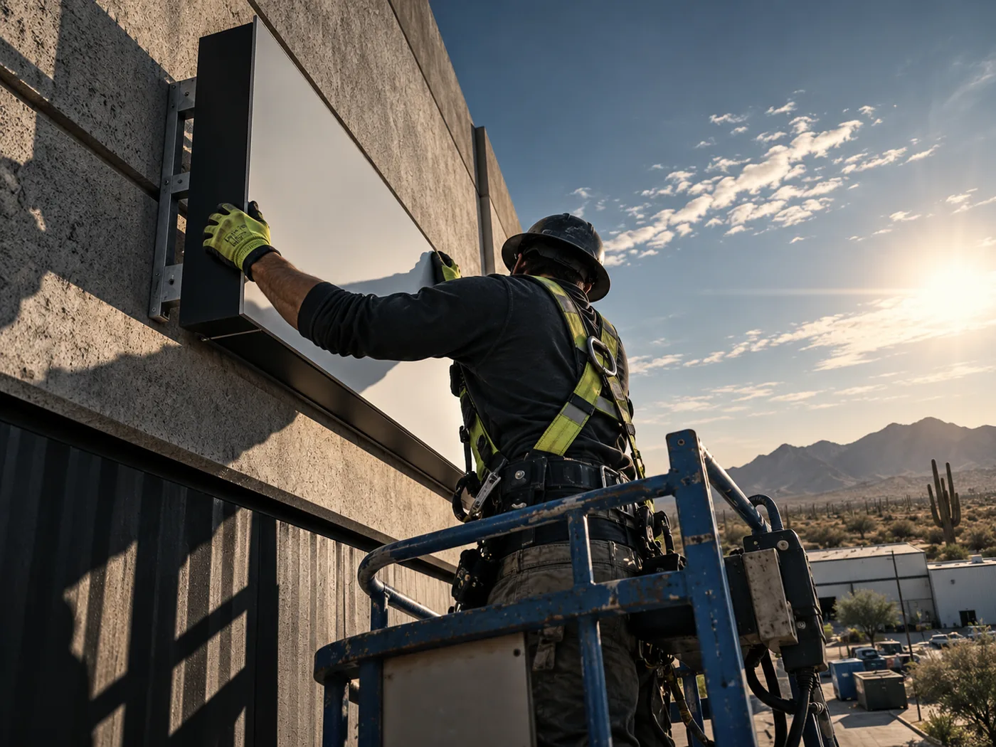 Sign installer mounting a blank exterior sign in the Arizona desert